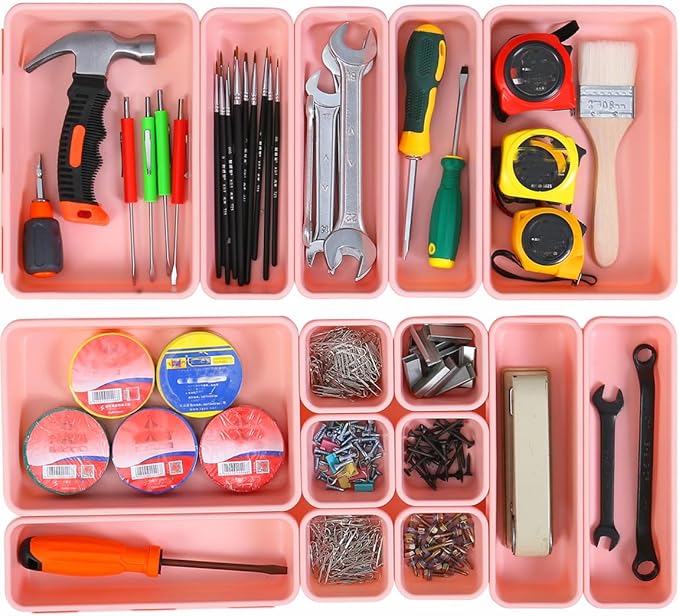 Kutesna 15 PCS Interlocking Desk Drawer Organizer Separator for Office,Bathroom,Kitchen,MakeupÃ¯Â¼ÂPinkÃ¯Â¼Â