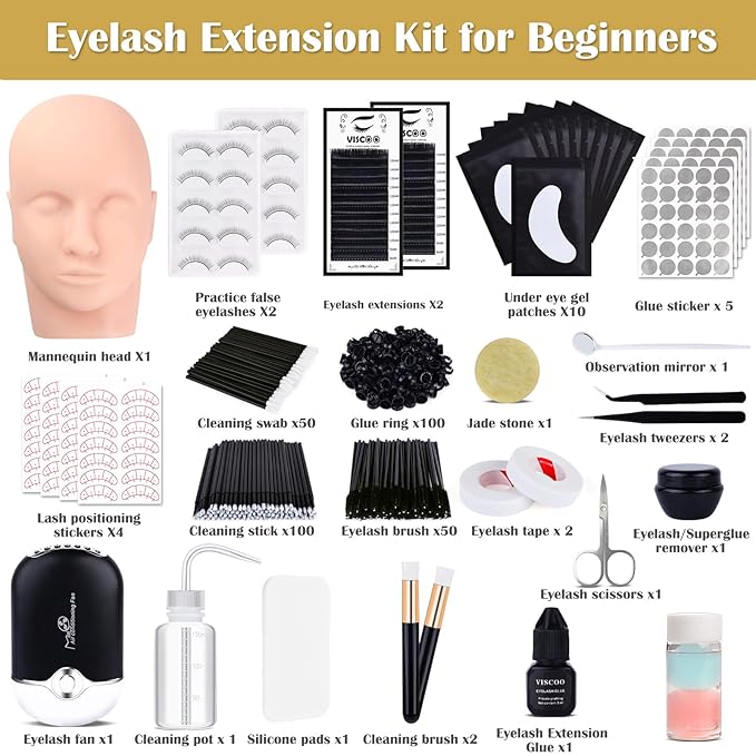 Eyelash Extension Kit for Beginners, Professional Lash Extension Kit with Mannequin Head, Lash Starter Kit with Lash Fan, Lash Extension Supplies for Practice Training Kit(Black)
