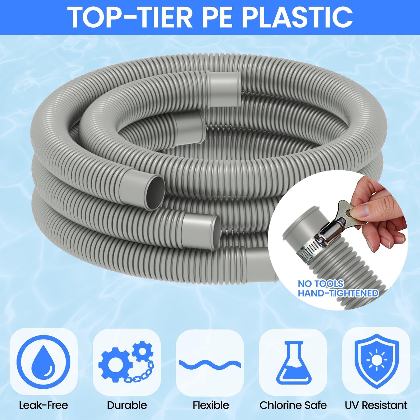 Poolvio Pool Hoses for Above Ground Pools 1.25" Diameter x 59" Long, 3-Pack, Heavy Duty UV Resistant & Leak-Proof Pool Pump Hoses with 6 Metal Thumb Clamps, Fits Intex Filter Pump 607/637