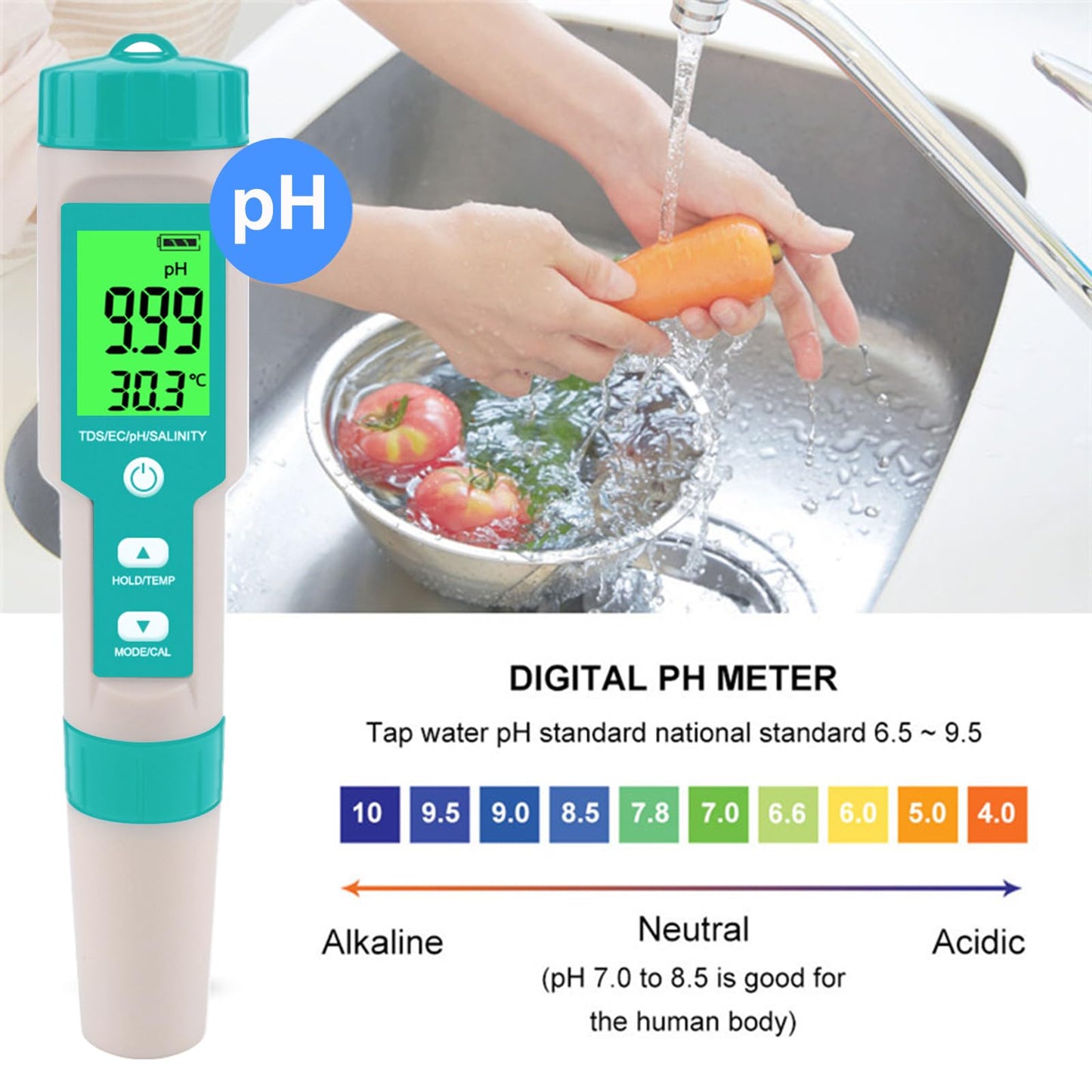 Pool Salt Tester - Multifunctional 5 in 1 Salinity, PH, TDS, EC, and Temperature Meter, Pool Salinity Testing Kit, Digital Salinity Tester for Swimming Pool,Saltwater, Sea Water, Aquarium