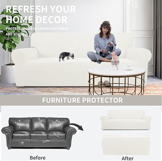 Easy-Going Stretch Sofa Slipcover 1-Piece Sofa Cover Furniture Protector Couch Soft with Elastic Bottom for Kids, Polyester Spandex Jacquard Fabric Small Checks (Sofa, Cream)