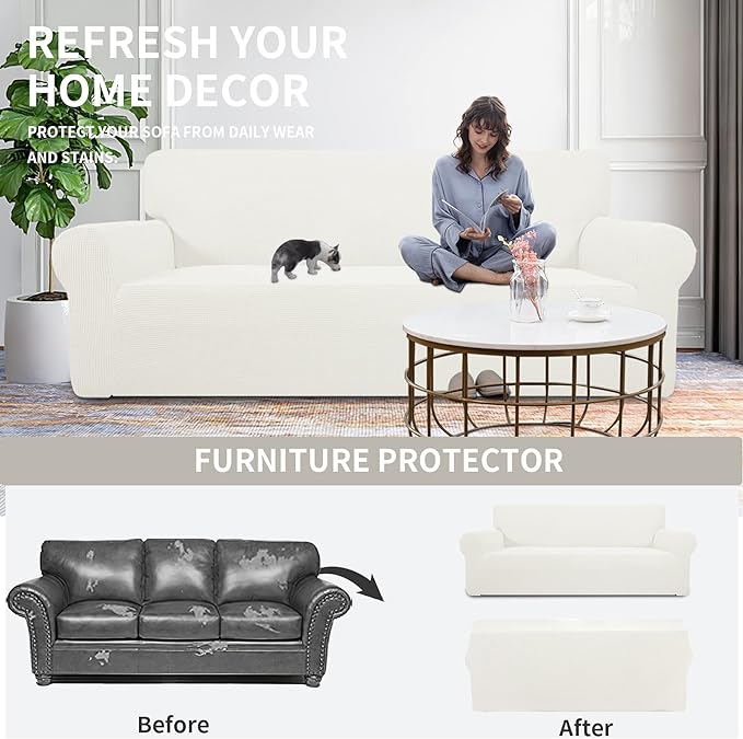 Easy-Going Stretch Oversized Loveseat Slipcover 1-Piece Sofa Cover Furniture Protector Couch Soft with Elastic Bottom for Kids Polyester Spandex Jacquard Fabric Small Checks Cream