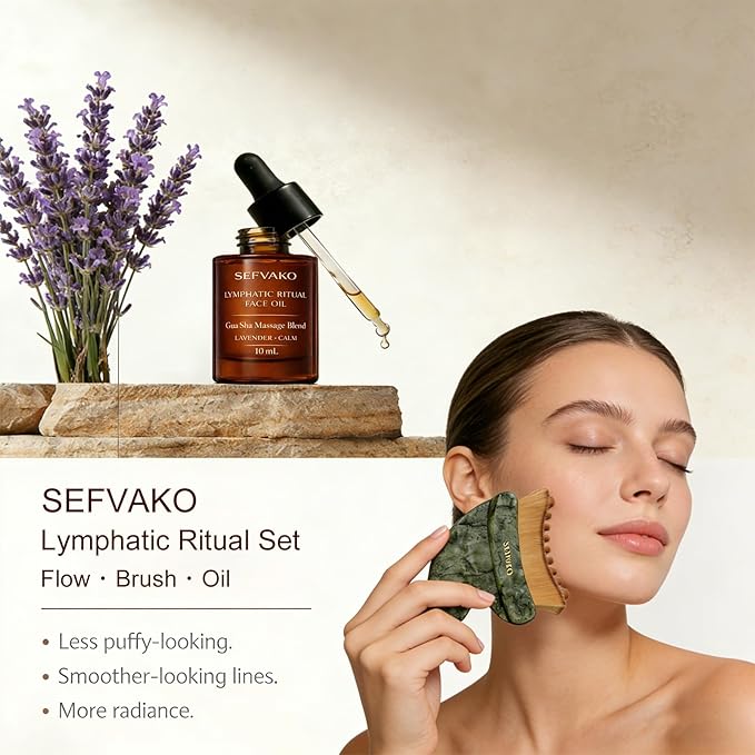 Lymphatic Contour Face Brush Set with Gua Sha Face Oil, Dual-Ended Dry Brush+Jade Gua Sha Edge, 0.075mm Ultra-Soft Bristles Gua Sha Facial Tools, for Lymphatic Drainage, De-Puff, Sculpt, Smooth & Glow