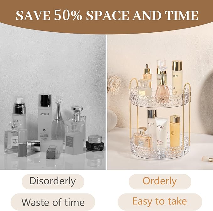 Rotating Makeup Organizer for Vanity, 2 Tier Perfume Skincare Storage for Women, Bathroom Counter Organizer, 360ÃÂ° Spinning Cosmetic Holder for Dresser Countertop, Clear