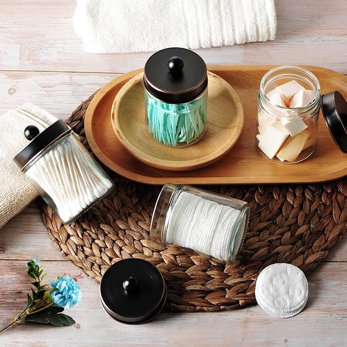 Amolliar 4Pc Apothecary Jars Bathroom Vanity Storage Organizer-Countertop Canister & Stainless Steel Lids &Cute Stickers -Qtip Dispenser Holder for Qtips,Cotton Swabs,Makeup Sponge(Oil Rubbed Bronze)