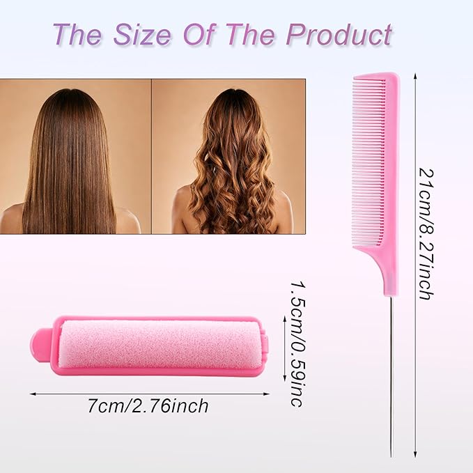 44 Pcs Foam Sponge Hair Rollers Set 0.59 Inch Flexible Hair Styling Sponge Curler Soft Sleeping Hair Curlers and Stainless Steel Rat Tail Comb Pintail for Hairdressing Styling(Pink)