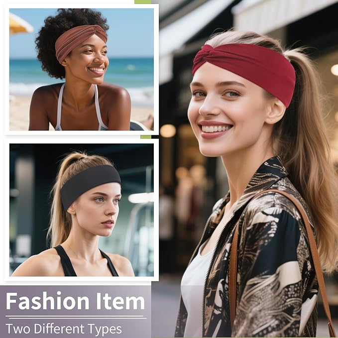 12 Pcs Stretchy Headbands for Women, Absorbed Sport Headband Soft Twist Knotted Hairbands for Daily Life Yoga Workout(Black/Brown/White/Red)