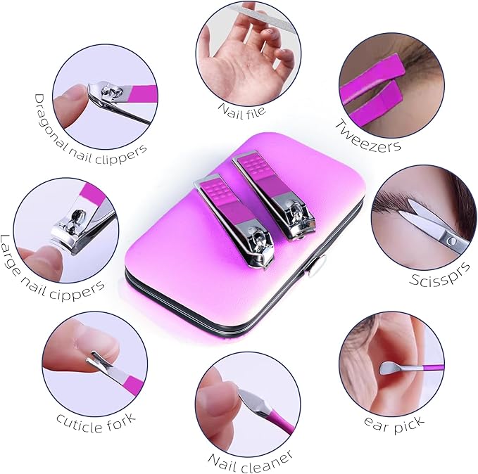 Manicure Set 8 in 1 Nail Clipper Set,RedFlow Nail Clippers,Fingernail & Toenail Clippers,Manicure Tools,Pedicure Tools,Suitable for Travel Manicure Kit,Nail Set Kit with Everything Profe (Purple)