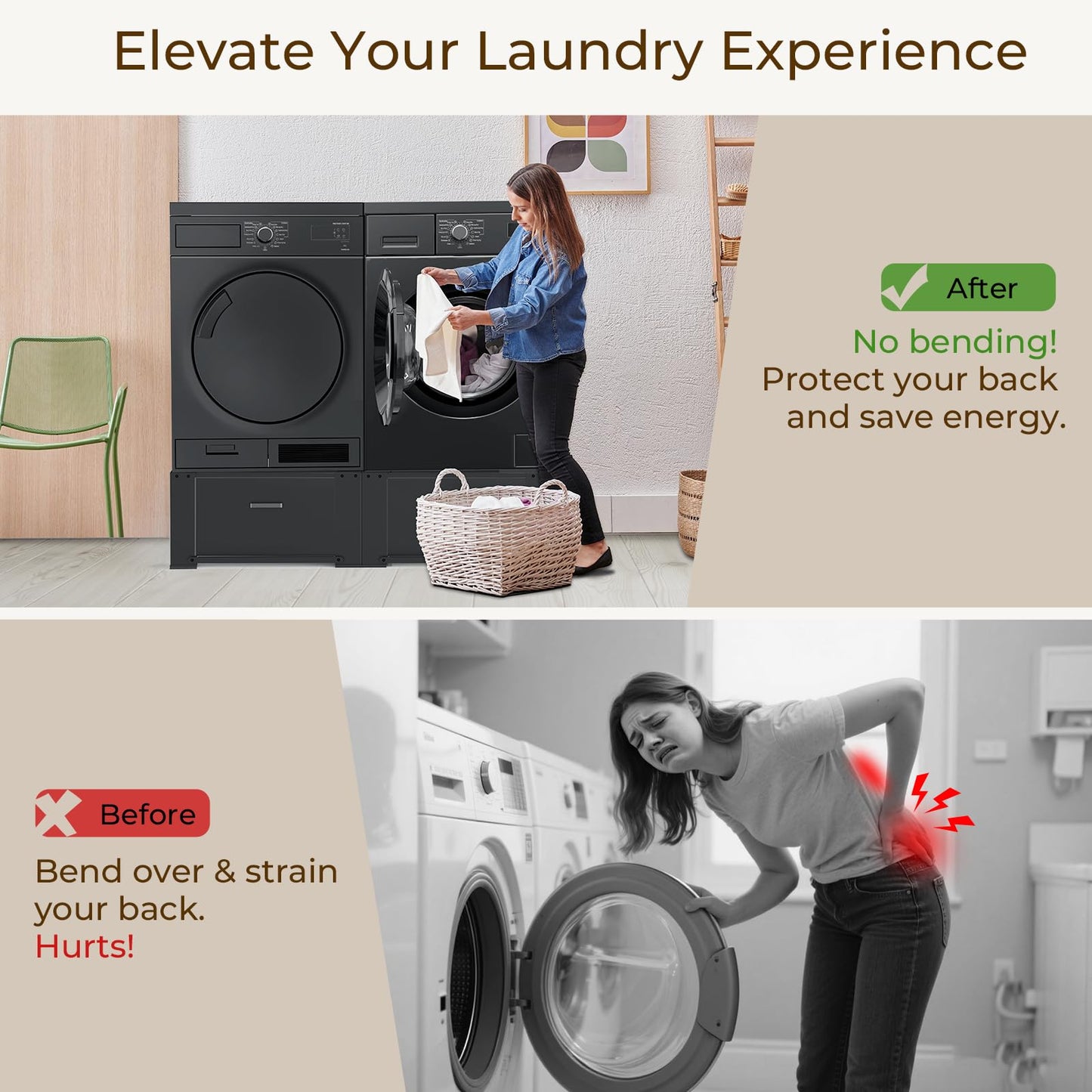 SKM Washer and Dryer Pedestal with Drawer, Laundry Pedestal for Washer and Dryer Stand, Heavy Duty Steel Washing Machine Stand Height Raiser (2, black, 28" W x 29" D x 14" H)