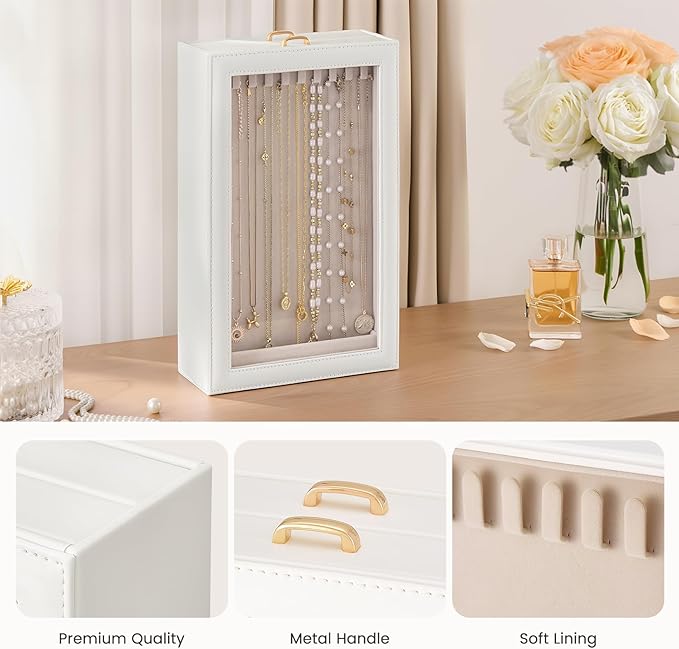 Lolalet Necklace Organizer Box, Jewelry Storage Box with Clear Window for Necklaces Bracelets, Tangle-Free Necklace Display Case for Women Girls -White, 2 Layers 20 Hooks
