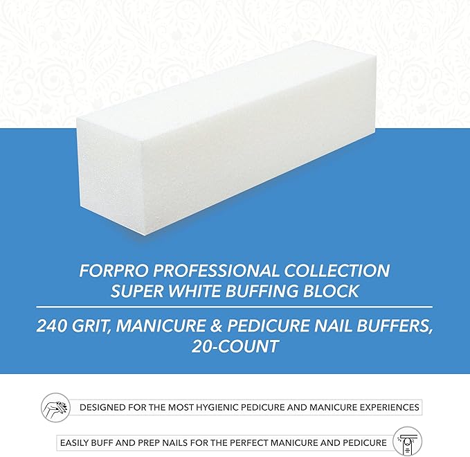 ForPro Super White Buffing Block, 240 Grit, Four-Sided Manicure and Pedicure Nail Buffer, 3.75” L x 1” W x 1” H, 20-Count (Pack of 2)