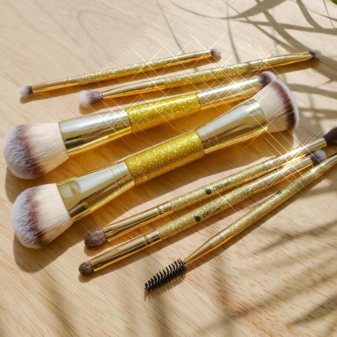DUcare Dual End Foundation Contour Bronzer Brush, Gold Glitter Handle Double Ended Professional Face Makeup Tool for Liquid Cream Powder