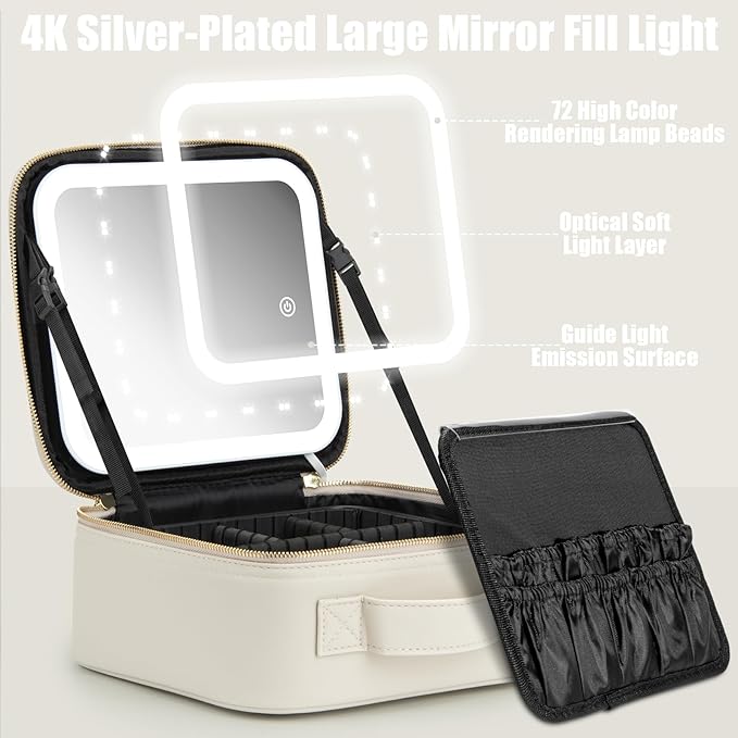 Makeup Travel Train Case with Mirror LED Light 3 Adjustable Brightness Large Cosmetic Bag Portable Storage Adjustable Partition Waterproof Make up Brushes Makeup Jewelry Gift for Women