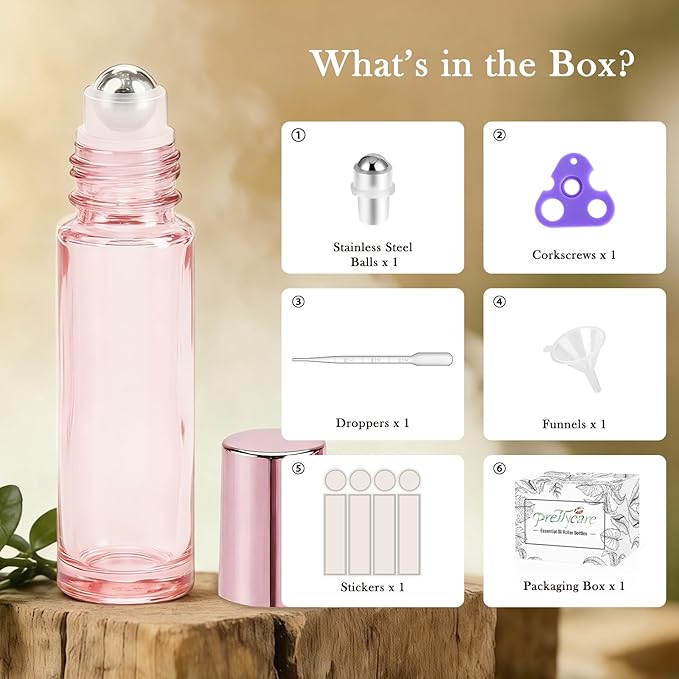 PrettyCare 4 Pack, 10 ml Essential Oil Roller Bottles with Stainless Steel Roller Ball - Refillable Leak-proof Empty Thick Pink Glass Roll on Bottles with Pink Caps for Travel, Perfume