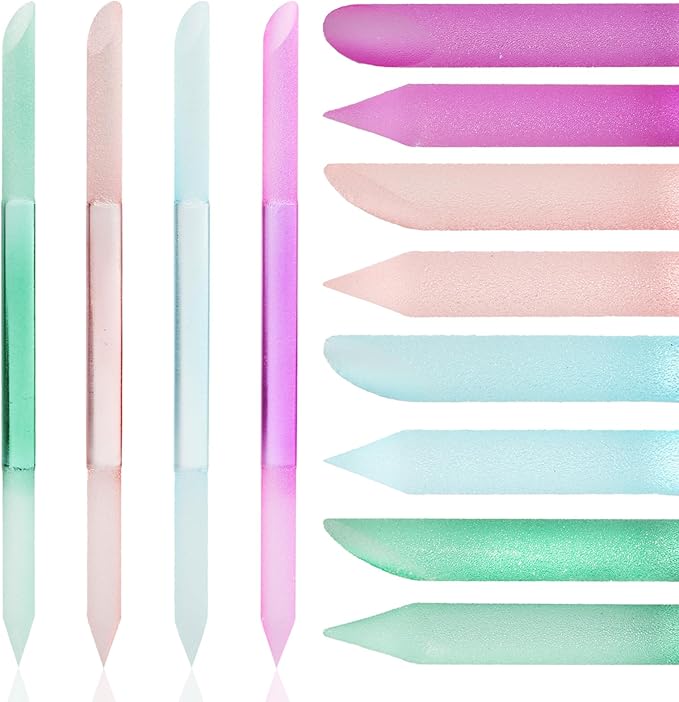 JERCLITY 4 Pieces Double-Ended Glass Nail Files Glass Cuticle Pusher Cuticle Stick Set Nano-Frosted Nail Polished Crystal Glass Rod Manicure Pedicure Pusher Tools(Peach Pink/Purple/Cyan/Green)