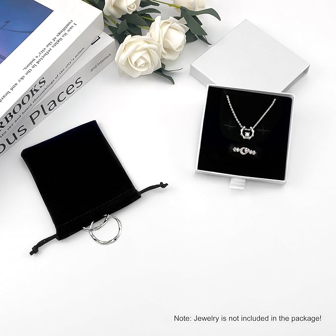 Small Jewelry Gift Box and Velvet Bag, Necklace Bracelet Earring Cardboard Organizer Square Jewellery Gift Box Pendent Storage Case for Birthday Xmas Christmas Wrapping (White)