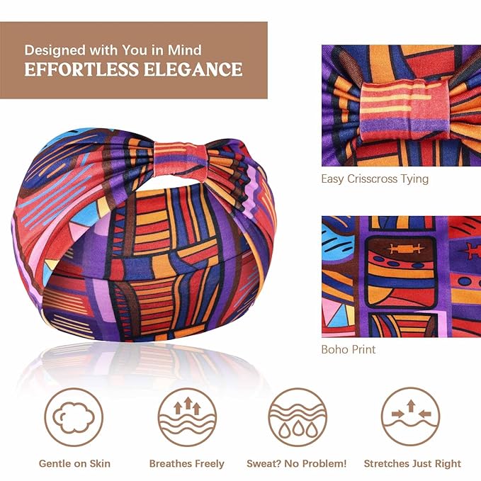 Awumbuk Wide Headbands for Women Knotted No Slip Head Bands Soft Turban Headband Hair Accessories Boho African Solid Color Head Wraps for Women Yoga Workout Pack of 6