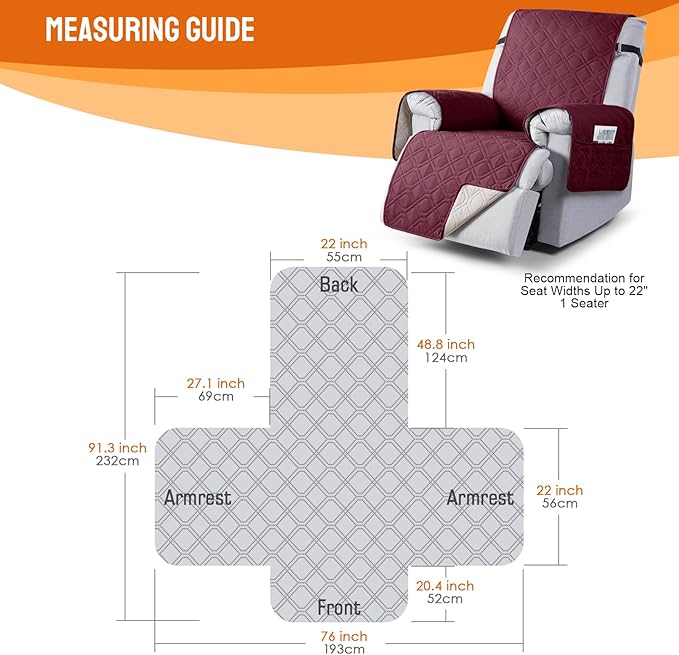VANSOFY 100% Waterproof Recliner Chair Covers, Recliner Cover Non-Slip Dog Chair Cover Furniture Protector Washable Slipcover with Pocket, Elastic Straps for Pets, Dogs(Burgundy, 22")