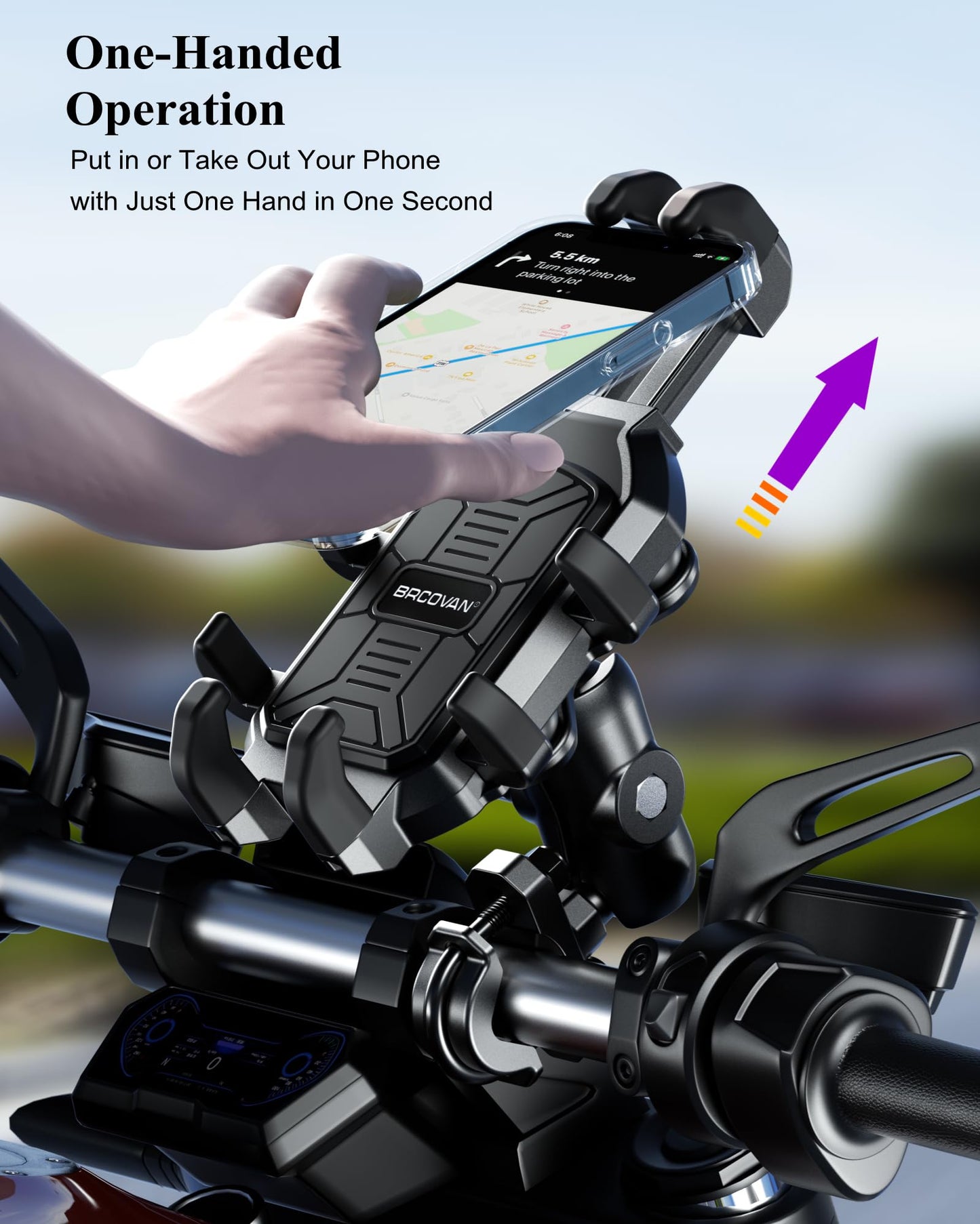 BRCOVAN Motorcycle Phone Mount Holder with Vibration Dampener, Anti-Shake Handlebar Cellphone Cradle for Bike Bicycle Scooter ATV, Adjustable Fit 5.4-6.9'' Smartphone