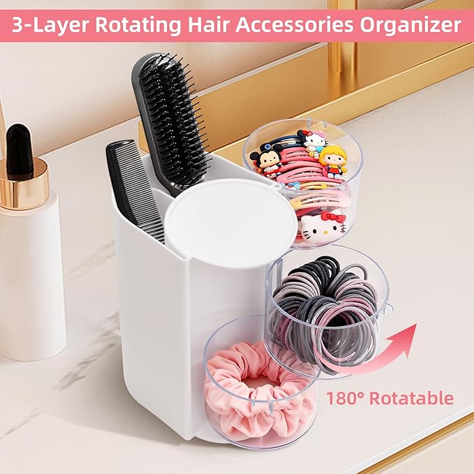 neotidy Hair Accessories Organizer with Hair Brush Holder, Rotating Hair Tie Product Organizer for Girls, 3-Tier Makeup Brush Holder for Clips, Bows & Brushes (White, 3-Tier)