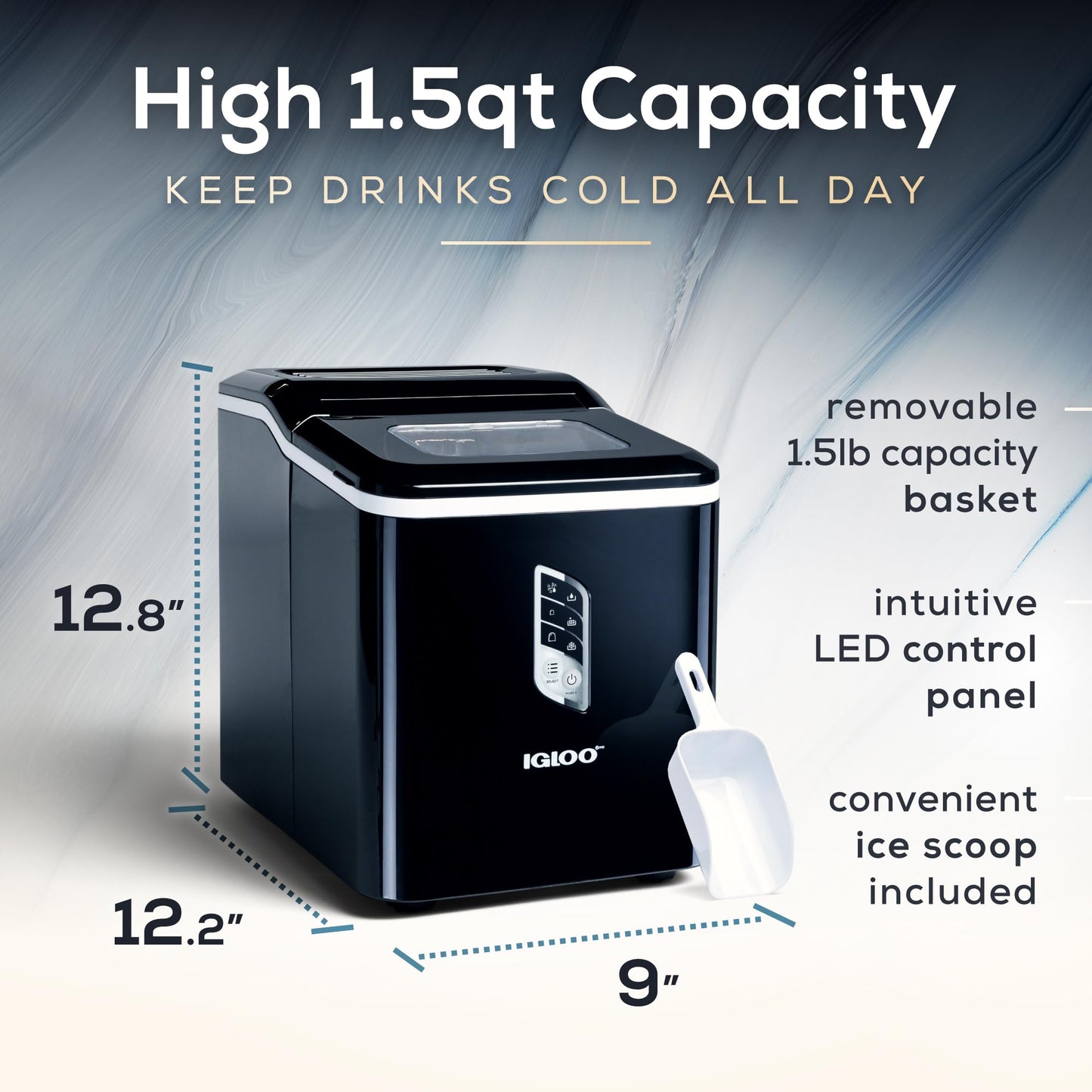 Igloo Handled Portable Ice Maker with Scoop - Ice Maker with LED Control Panel & 1 Quart Water Tank - Ice Cube Maker Produces 26 Lbs. of Ice in 24 Hours with 9 Large or Small Cubes In 7 Minutes- Black