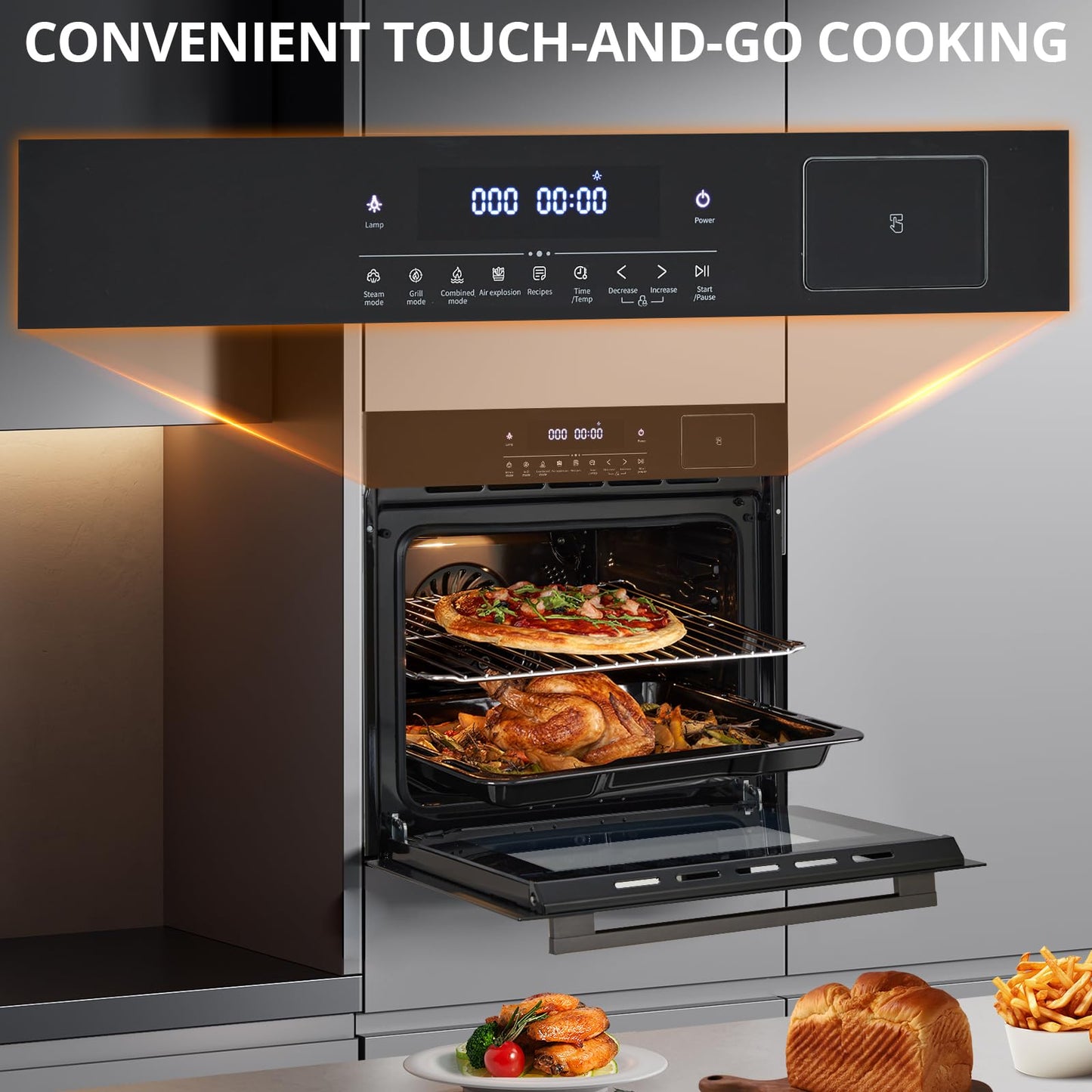 Garvee 24 Inch Built-in Steam & Convection Oven with 8 Cooking Functions, 108 Smart Recipes, 2.5 Cu.ft Stainless Steel Convection Oven with Enamel Cavity, Touch Control, Stepless Temperature Adjus