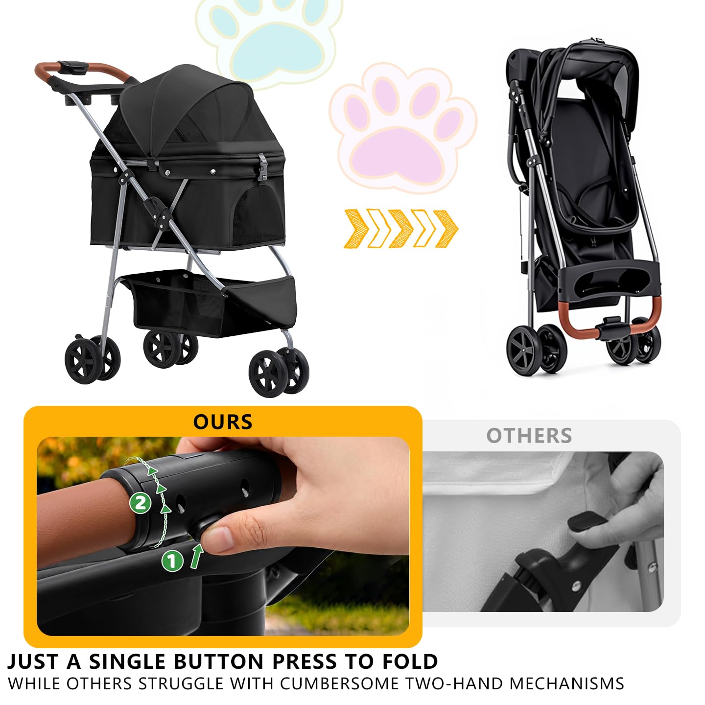 Pet Stroller for Small/Medium Dogs and Cats, Foldable 3 Wheel Jogger with One-Click Fold, Breathable Mesh, Storage Basket, Cup Holder, Weather Cover, Black (Black)