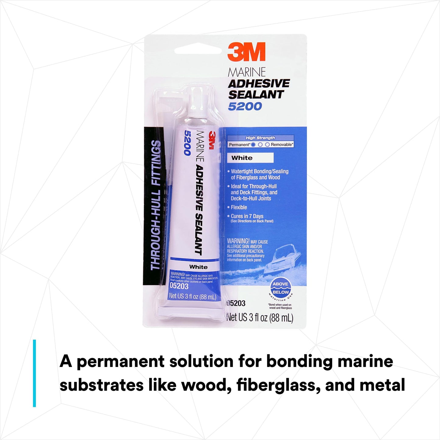 3M Marine Adhesive Sealant 5200 (05203) Permanent Bonding and Sealing for Boats and RVs Above and Below the Waterline Waterproof Repair, White, 3 fl oz Tube