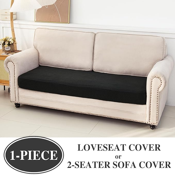 Couch Cushion Cover Loveseat Cover or 2 Seat Sofa Cover Washable Stretch Sectional Sofa Slipcover(1 Piece for Loveseat or Sofa 2-Seater, Black)