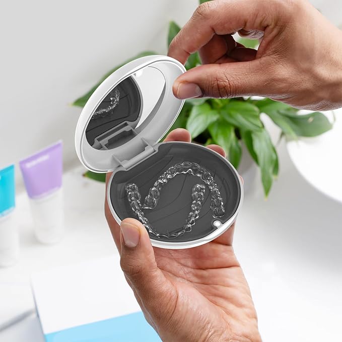 2 Pack Retainer Case with Mirror, Compatible with Invisalign, Slim Aligner Case for Travel, Includes Removal Tools, Seaters & Brush, Magnetic Secure Closure Retainer Box - White