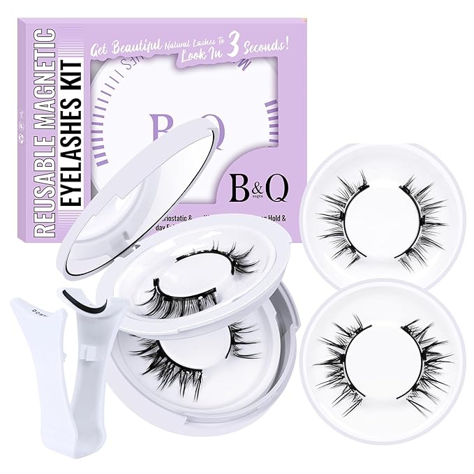 B&Qaugen Reusable Magnetic Lashes Magnetic Eyelashes Natural Look False Eyelashes with Applicator Easy to Wear and Remove Glue-Free Pestañas Magnéticas