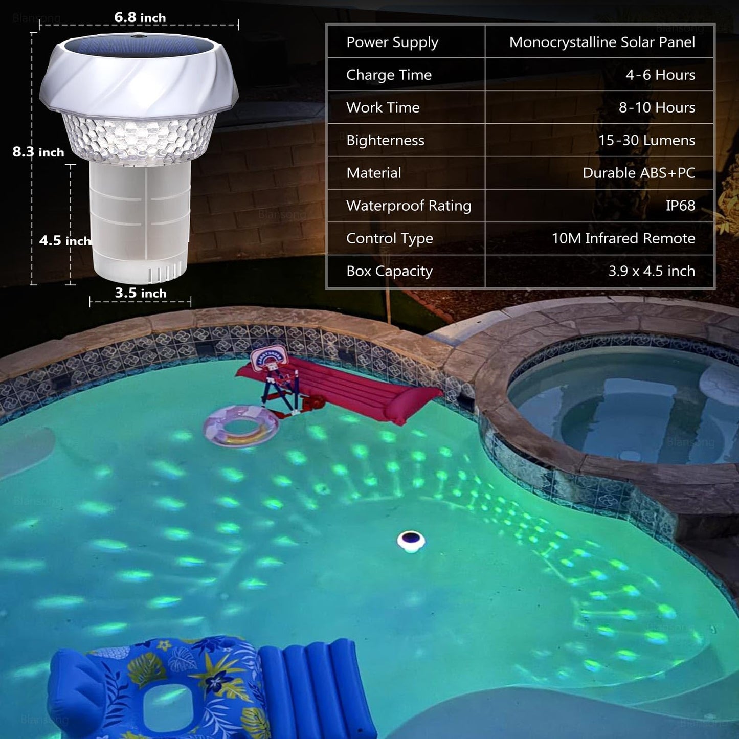 Blansong Solar Pool Chlorine Floater Adjustable Release Swimming Pool Chlorine Tablet Floater with Color Changing Floating Dispenser with Romote Control and Timer IP68 Waterproof