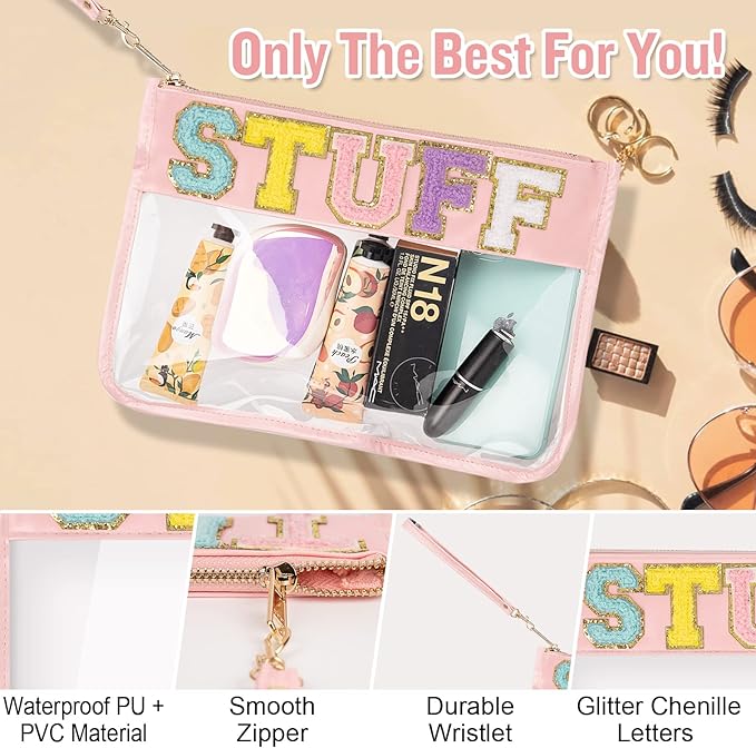 Izuzta Chenille Letter Clear Bag Stuff Purse, Monogram PVC & PU Zipper Pouch With Wristlet, Waterproof Portable Glitter Snacks Makeup Beach Toiletry Bag for Women Girls (STUFF-Pink)