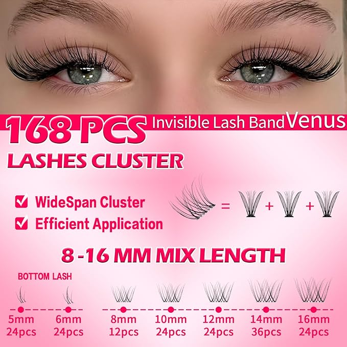 Venus Lash Clusters+Bottom Lash Clusters 5-6mm Bottom Lashes Cluster Lashes Individual Lashes DIY Clusters Eyelash Extensions Natural Look False Eyelashes Thin Invisible Lash Band(Venus,8-16mm)