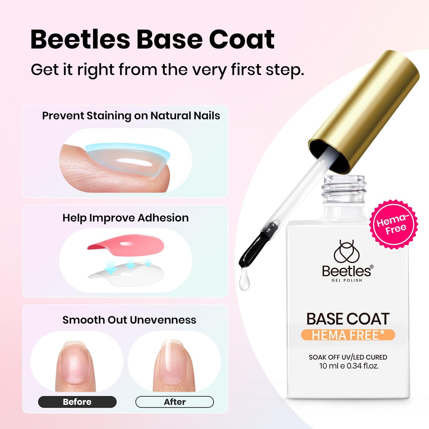 Beetles 10ml Blooming Gel & Base Top Coat HEMA Free, 3PCS Fast Blooming Effect Long Lasting No Wipe Soak Off Low-Sensitivity Safe Formula for UV LED Nail Art Gifts for Women