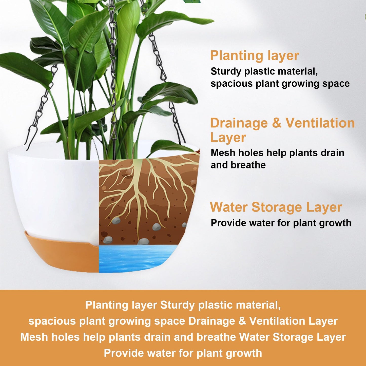KPUVX 8/10/12 inch Hanging Planters for Indoor Outdoor Plants with Self-Watering Pots, 3 Pack Plastic Hanging Basket with Removable Tray for Home Garden Porch Balcony Patio Decor(White)