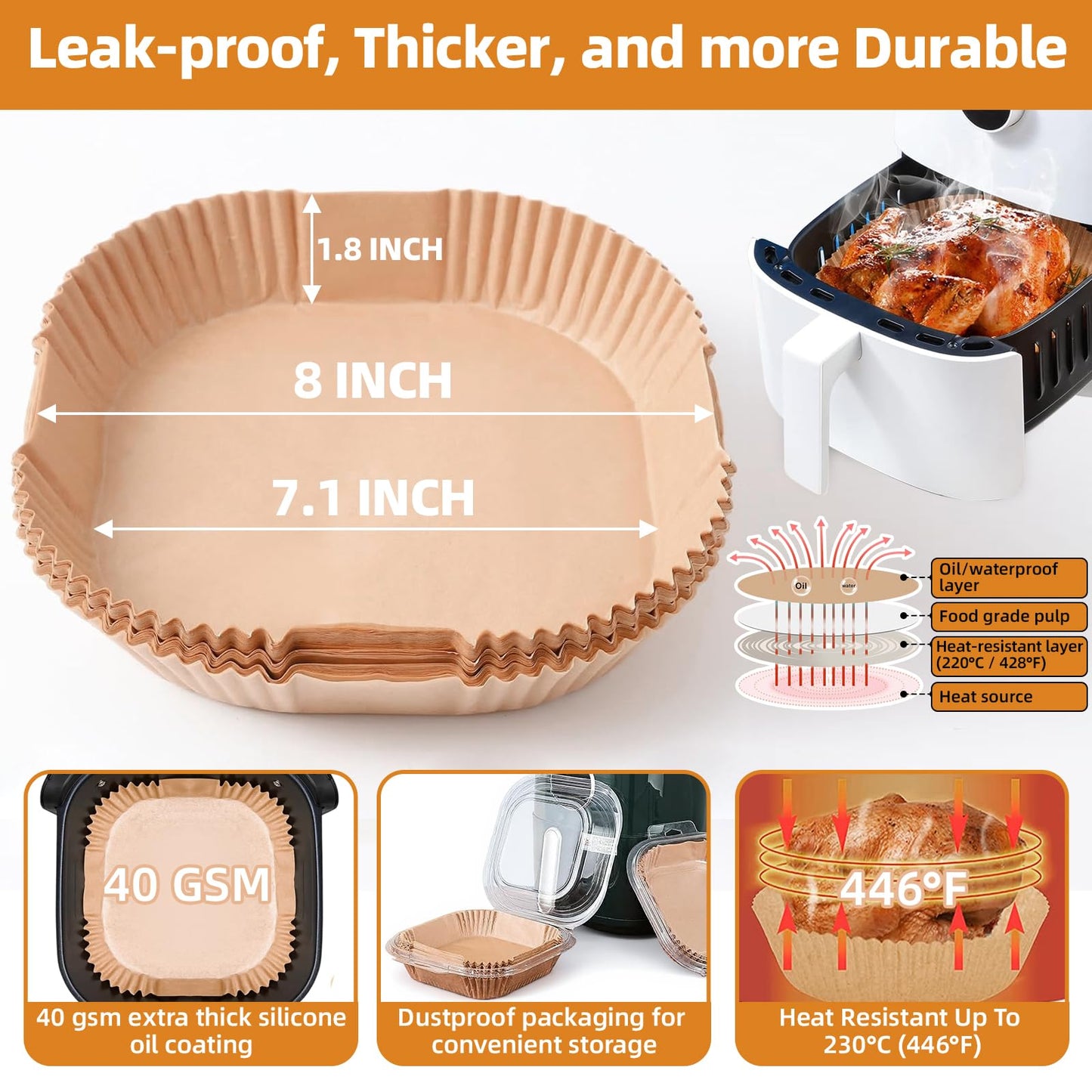 7.1 inch Air Fryer Paper Liners for Instant Pot Vortex Plus 4QT, 200pcs 3-6 Qt Thickened Square Disposable Parchment Liner Compatible with Ninja AF141/Chefman/Cosori Airfryer