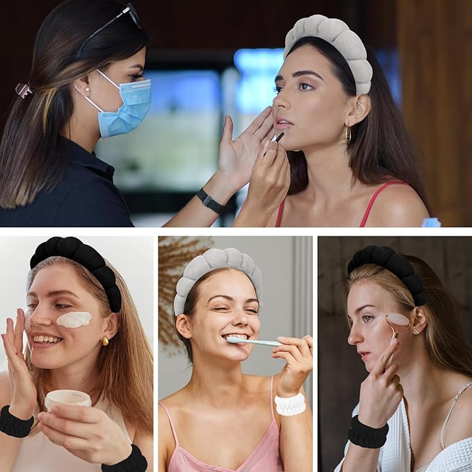 6Pcs Spa Headband and Wrist Washband Set, Skincare Makeup Headband, Sponge Face Wash Band, Terry Cloth Puffy Hair Band for Washing Face