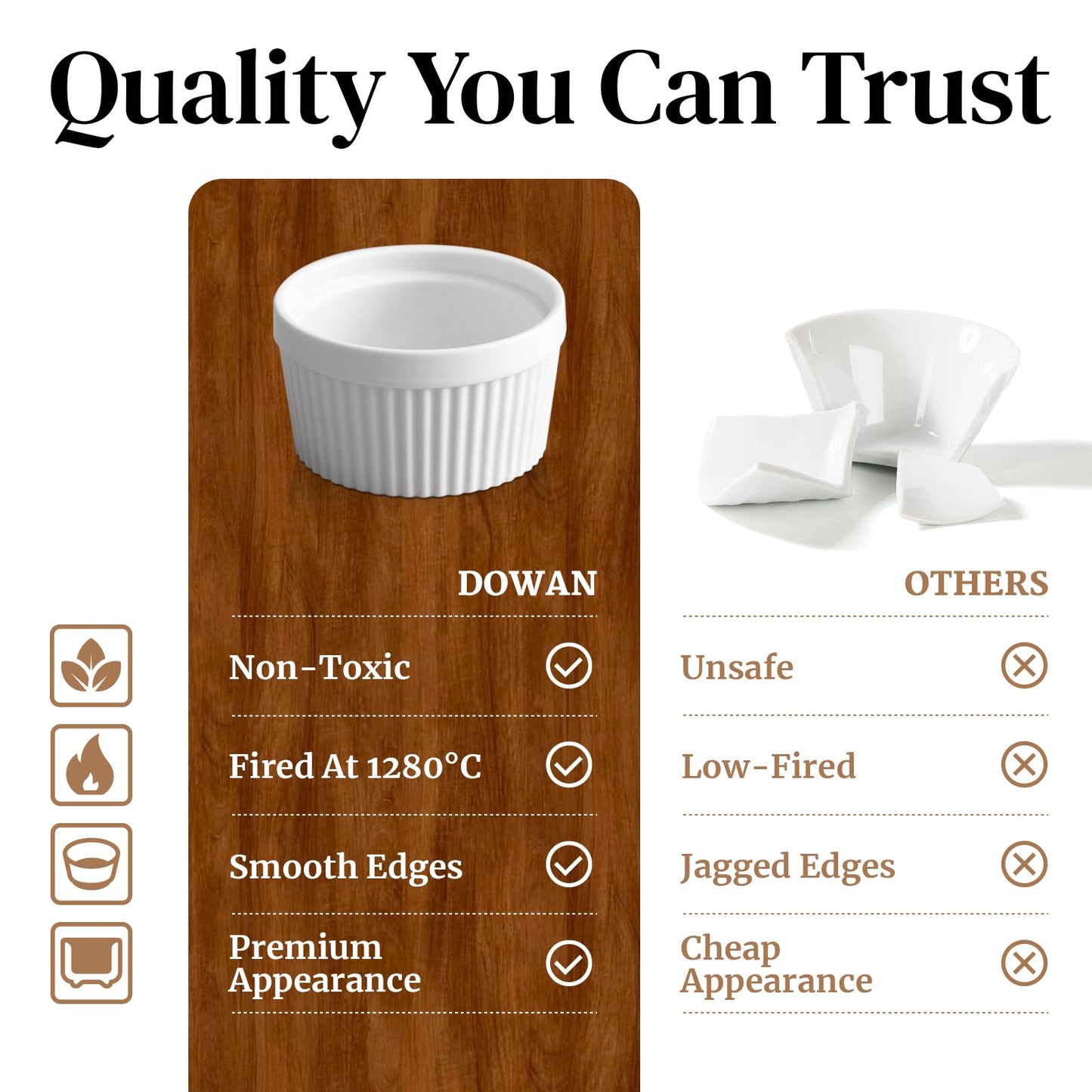 DOWAN 8 oz Ramekins Oven Safe for Creme Brulee, Souffle Dish Baking Bowls, Custard Cups for Pudding Dips Sauce Dessert Yogurt Ice Cream, Ceramic Ramiken Set of 6, Soft White