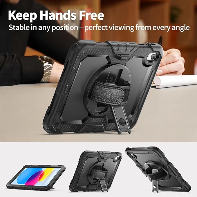 Ambison Case for iPad (A16) 11th/10th Generation 11"/10.9'' 2025/2022,Heavy Duty Shockproof Case with Tempered Glass Screen Protector, 360° Rotating Handle Strap&Stand,Shoulder Strap-Black