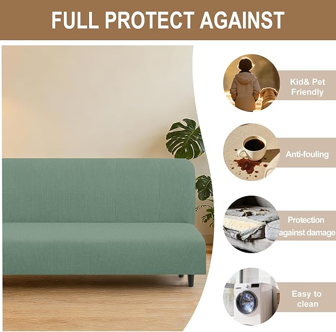 U-NICE HOME Stretch Futon Cover Armless Bed Slipcover - Soft Jacquard Fabric Washable for Pet Friendly, Cyan