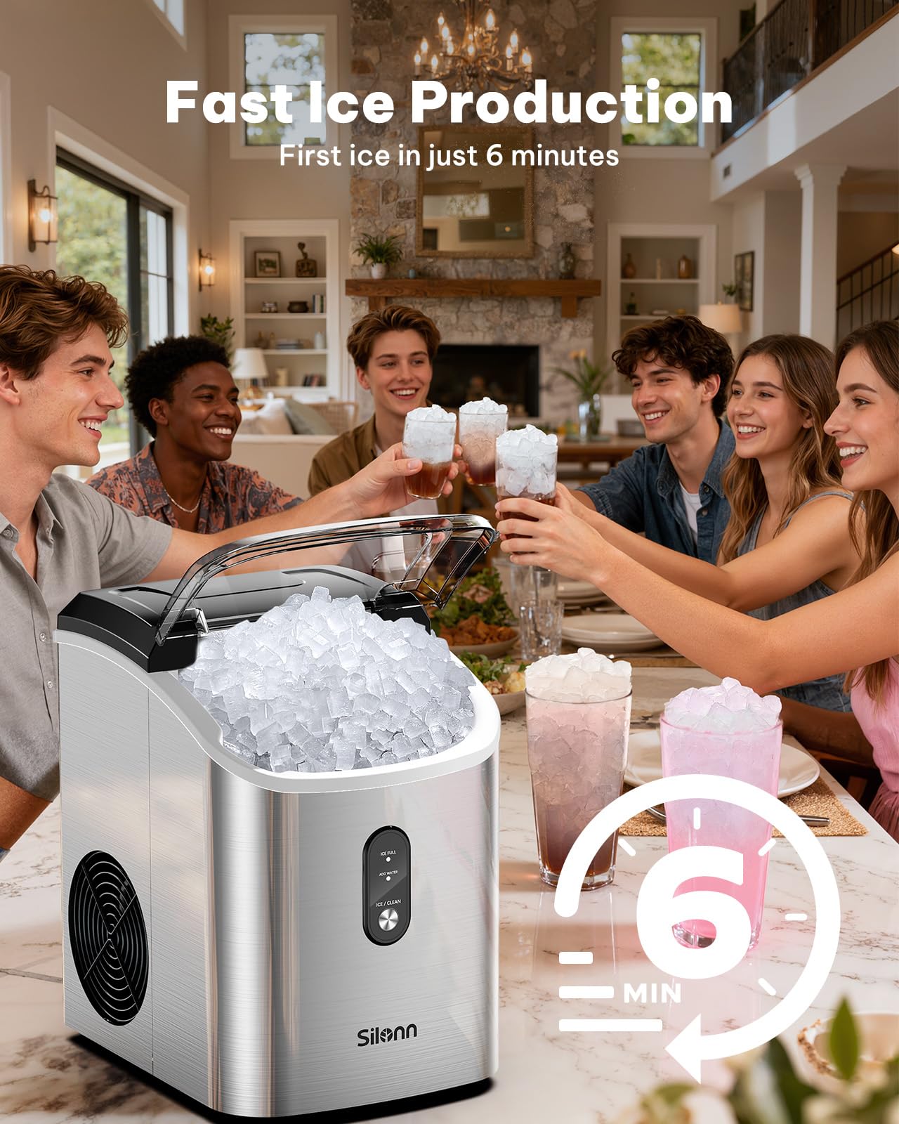 Nugget Ice Maker Countertop, Silonn Chewable Pellet Ice Machine with Self-Cleanin Function, 33lbs/24H Portable Ice Makers for Home Kitchen Officce, Stainless Steel