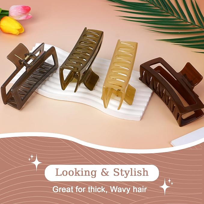 5 Inch XL Jumbo Claw Clips for Thick and Long Hair, 4-Pack Oversized Translucent Rectangle Hair Clips for Women, Strong Hold Non-Slip Jaw Clips, Jelly Colors