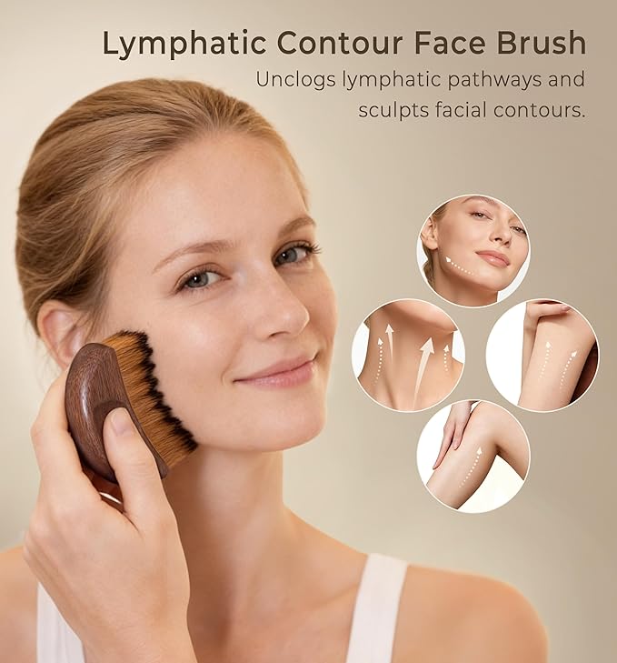 Lymphatic Contour Face Brush - Wooden Handle Lift Lymphatic Drainage Face Brush Facial Sculpting Brushes - Dry Guasha Contour Face Brushes Anti - Puffiness, Detox Walnut