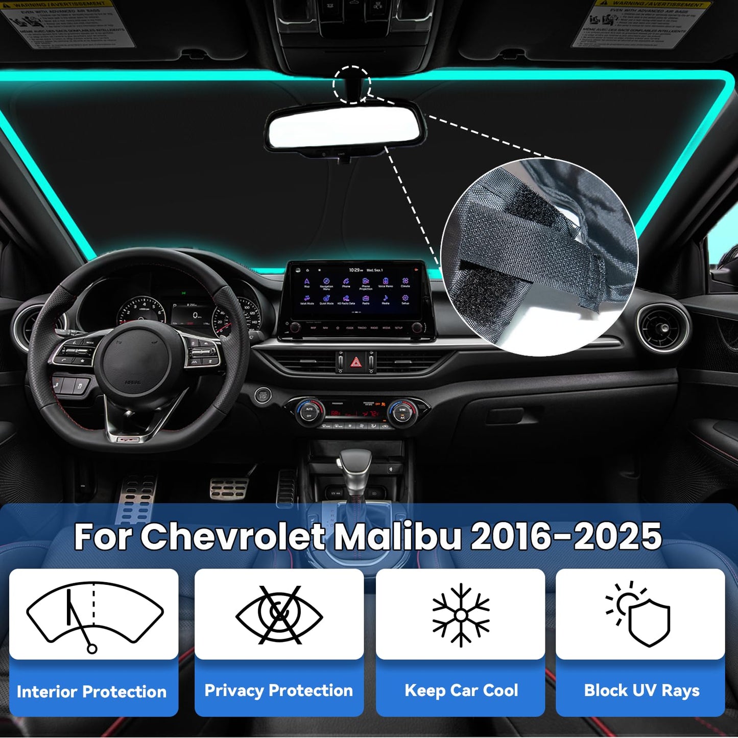 PAIMOHO Windshield Sun Shade for Chevrolet Chevy Malibu 2016-2025, Car Front Window Sunshade with 240T Sun Visor Protector Blocks UV Rays Heat Sun Shield Accessories