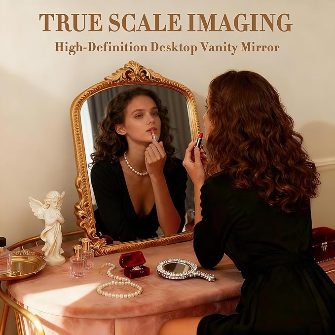 YUSONG Vintage Gold Mirror for Desk - 12" Vanity Mirrors with Resin Frame Decorative Wall Art for Tabletop Living Room Retro Decor
