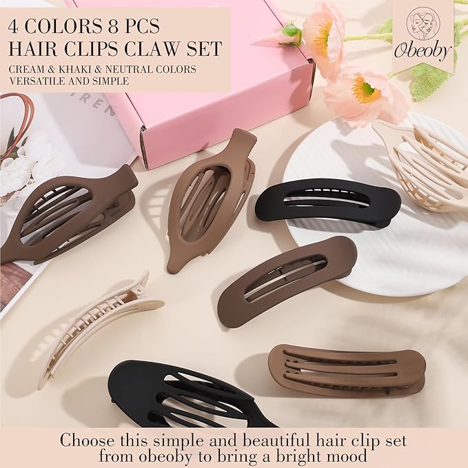 obeoby 8 Pcs Flat Hair Clips, Neutral Color Flat Claw Clips 2 Styles Hair Claws for Women Girls Medium Hair Volume French Hair Barrettes Accessories Easter Basket Stuffers Gifts
