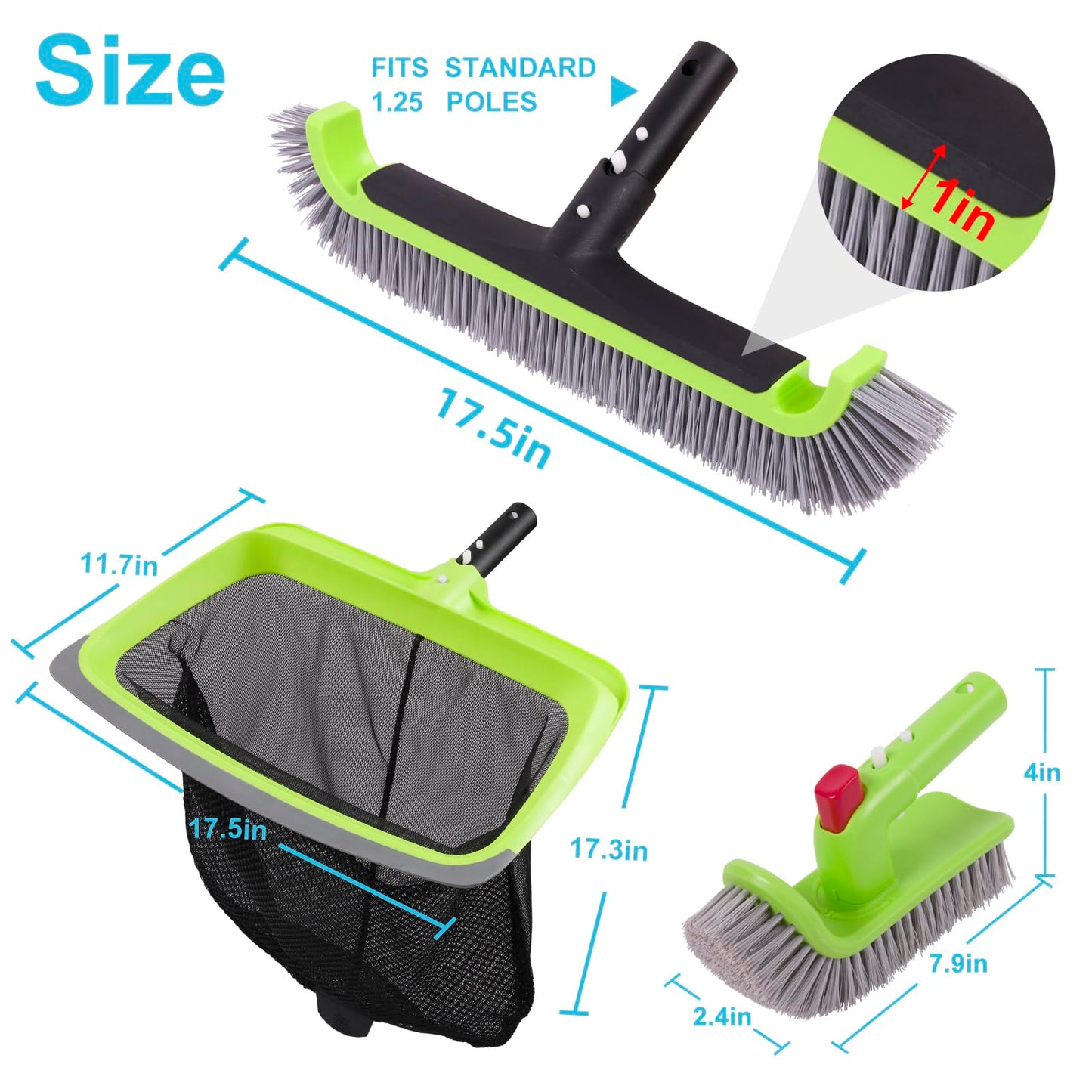 Sepetrel Deluxe Swimming Pool Cleaning Kit Including Rubber Edge Skimmer Net,17.5" Pool Brush Head & Hand Scrub Brush(NO Pole)