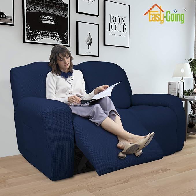 Easy-Going 6 Pieces Recliner Loveseat Stretch Sofa Slipcover Sofa Cover Furniture Protector Couch Soft with Elastic Bottom Kids, Spandex Jacquard Fabric Small Checks Navy