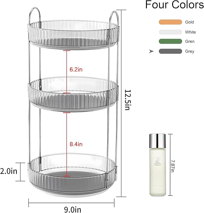 YCIA&DONE 360 Rotating Makeup Organizer and Storage for Vanity Countertop 3 Tiers, High Capacity Cosmetic Skincare Perfume Organizers for Dresser Bathroom Lazy Susan (Smoky Gray)